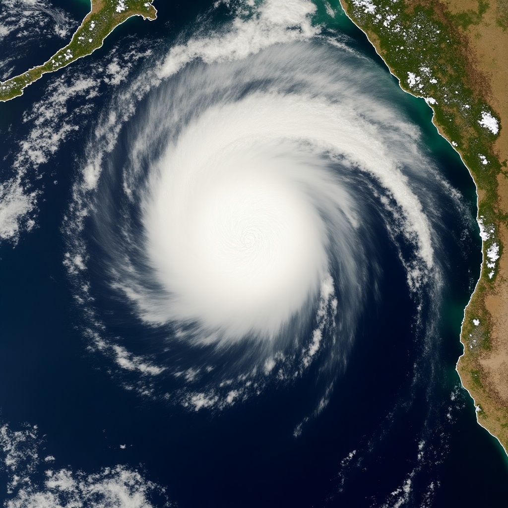 A satellite image captures a powerful cyclone spiraling over the ocean near a landmass. The image showcases the swirling cloud formations characteristic of a cyclone. The eye of the storm is clearly visible at the center. Surrounding the cyclone are patches of blue ocean and some land areas with greenery. The image depicts a bright, clear day over the ocean, highlighting the contrast between the storm and the calm sea.