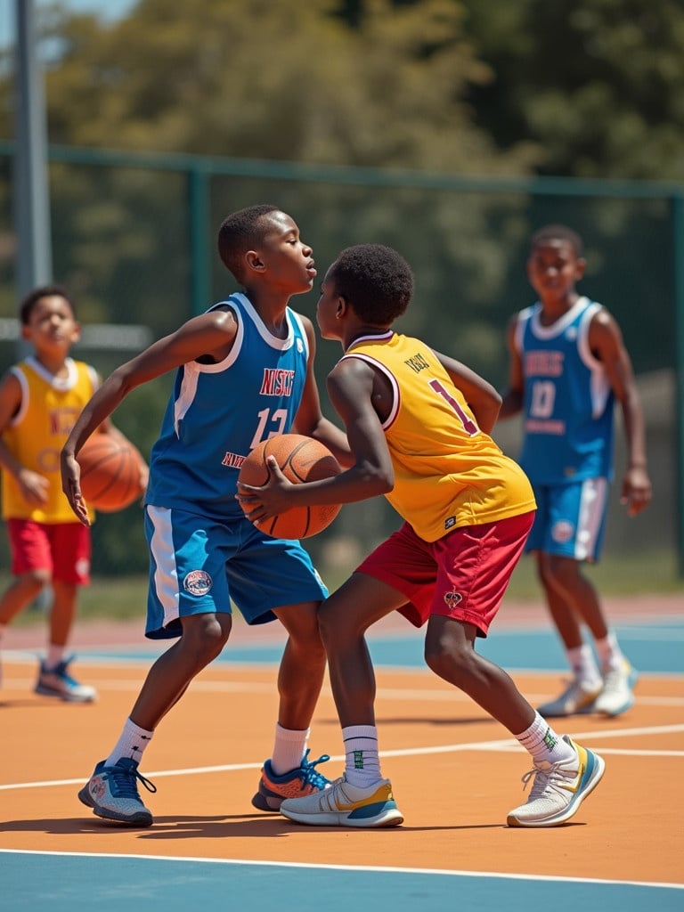 Group of young boys playing basketball in colorful jerseys. Two players dribble while closely guarded. Dynamic action on an outdoor court with bright colors. Captures the spirit of youth sports.