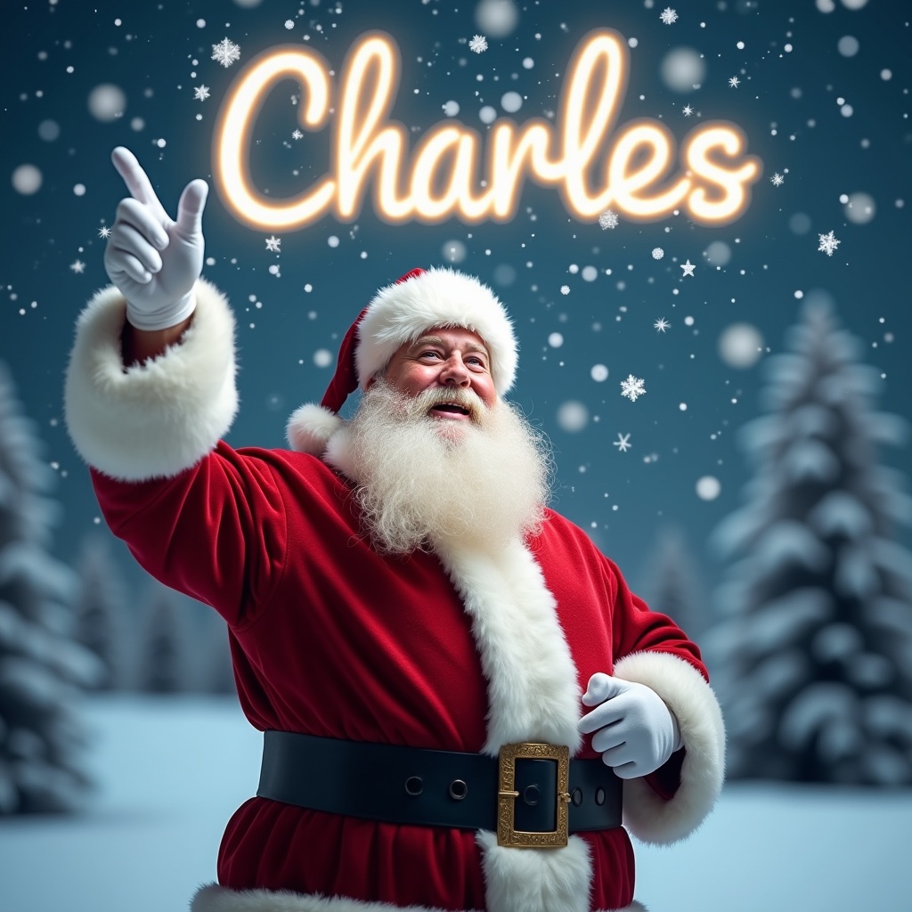 The image depicts a joyful Santa Claus standing in a winter wonderland. He is dressed in his traditional red suit with white trim and a matching hat. Santa is pointing upward as if he is magically writing a name in the sky. Snowflakes gently fall around him, adding to the festive atmosphere. In the sky, the name 'Charles' is written in bright, glowing letters. The background features snowy trees, enhancing the Christmas scene.