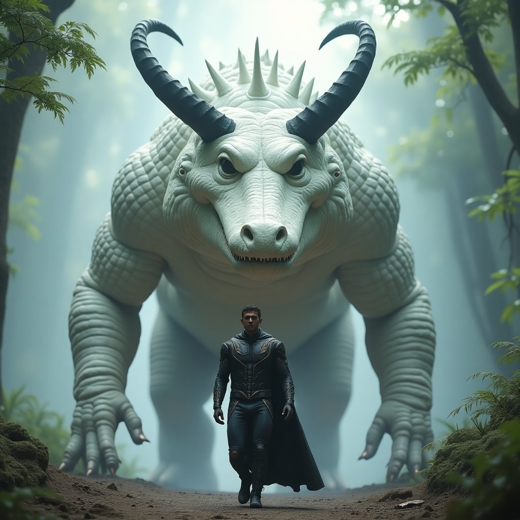 Majestic scene featuring superhero in Marvel costume walking confidently in front of giant mystical white crocodile. Crocodile has large black horns and wise eyes. Jungle landscape in background. Soft diffuse lighting creates a serene atmosphere. Emphasis on bond between superhero and creature. Subtle details in fur and clothing.