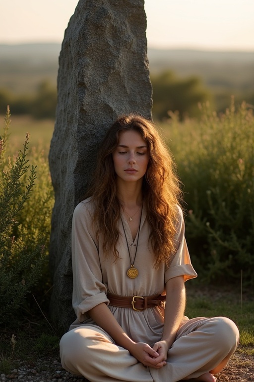 A young woman with long brown hair is sitting cross-legged. She leans against a granite menhir. The woman wears a natural-colored frock and leather belt. A golden medallion hangs around her neck. She is meditating peacefully. The menhir towers above her. The evening light creates a serene atmosphere. Dense shrubs surround the menhir. The ground is stony with sparse wild herbs.