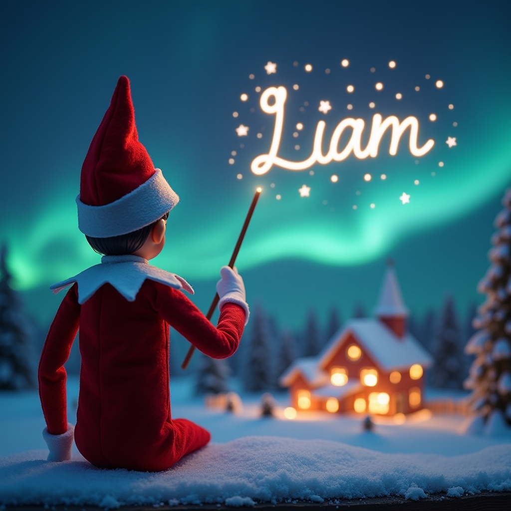 The image features an Elf on the Shelf character with its back to the viewer, creating a whimsical holiday scene. This elf is facing the sky and using a magic wand to elegantly write the name 'Liam' in glowing letters among the stars. Behind the elf, the magical backdrop showcases a cozy house illuminated by warm lights, set in a winter wonderland. The enchanting Northern Lights brighten the scene, adding a touch of magic to the air. This image captures the essence of Christmas and the joy of childhood imagination.