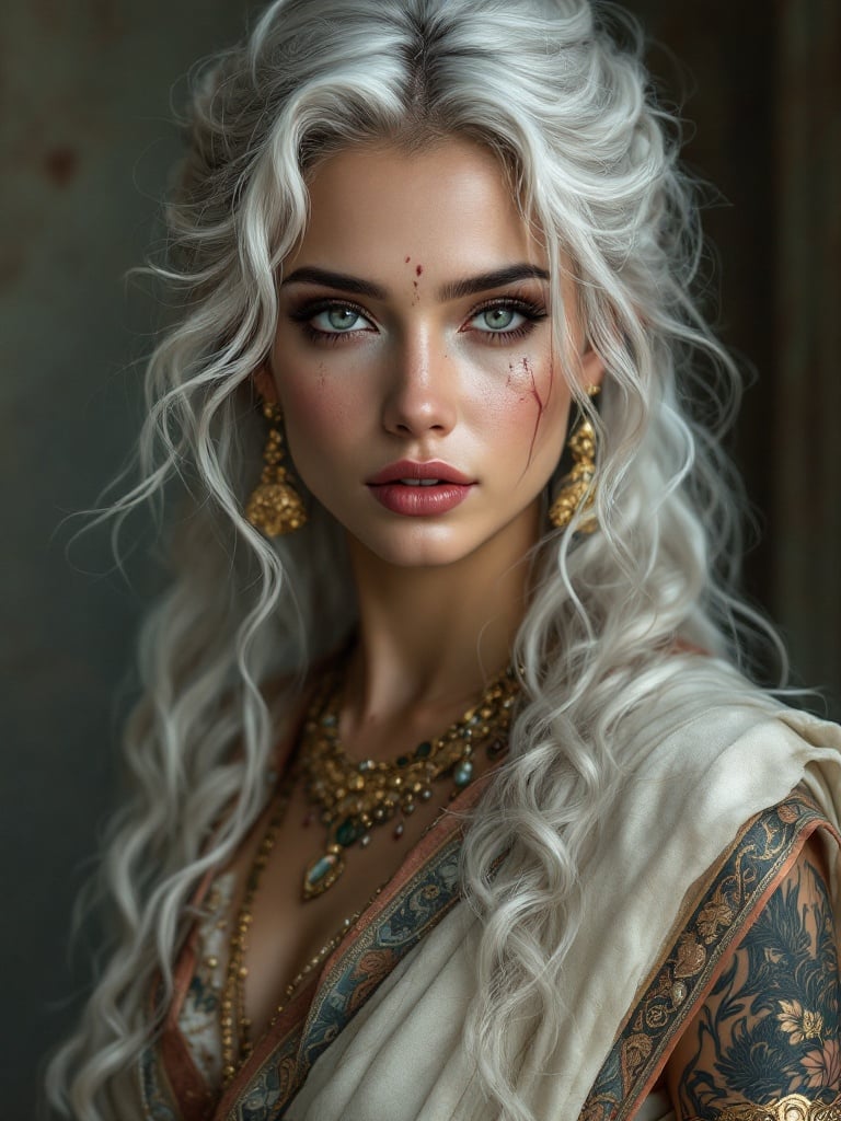 A character with fair skin and long white curly hair. Wearing traditional Indian clothing. Featuring intricate jewelry. Displaying a big tattoo on the right arm. Eyes are grey in color.