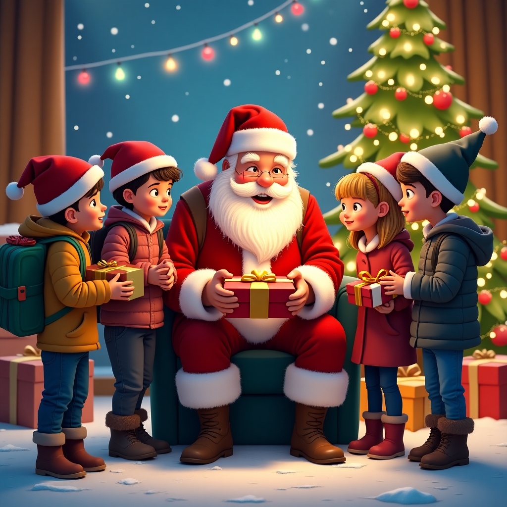 The image depicts Santa Claus surrounded by a group of excited children during the festive season. Santa, wearing his classic red suit and white beard, is joyfully presenting gifts to the children. The scene is set against a backdrop of a decorated Christmas tree adorned with colorful lights. Snow covers the ground, enhancing the winter vibe. The children's expressions are filled with joy and excitement as they eagerly receive their presents. This magical moment captures the essence of holiday cheer and the spirit of giving.