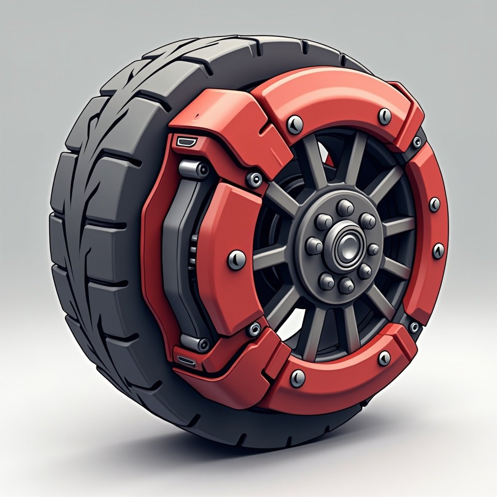 3D animated design of a brake caliper mounted on a stylish tire. Bright red color accent on the caliper contrasts with the black tire. Realistic detailing on the spokes and tread patterns.