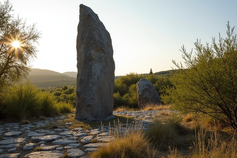 Menhir 2 meters high made of dark granite. Calm presence. Tall shrubs around it. Stony ground with sparse wild herbs. Southern France landscape in evening light during spring.