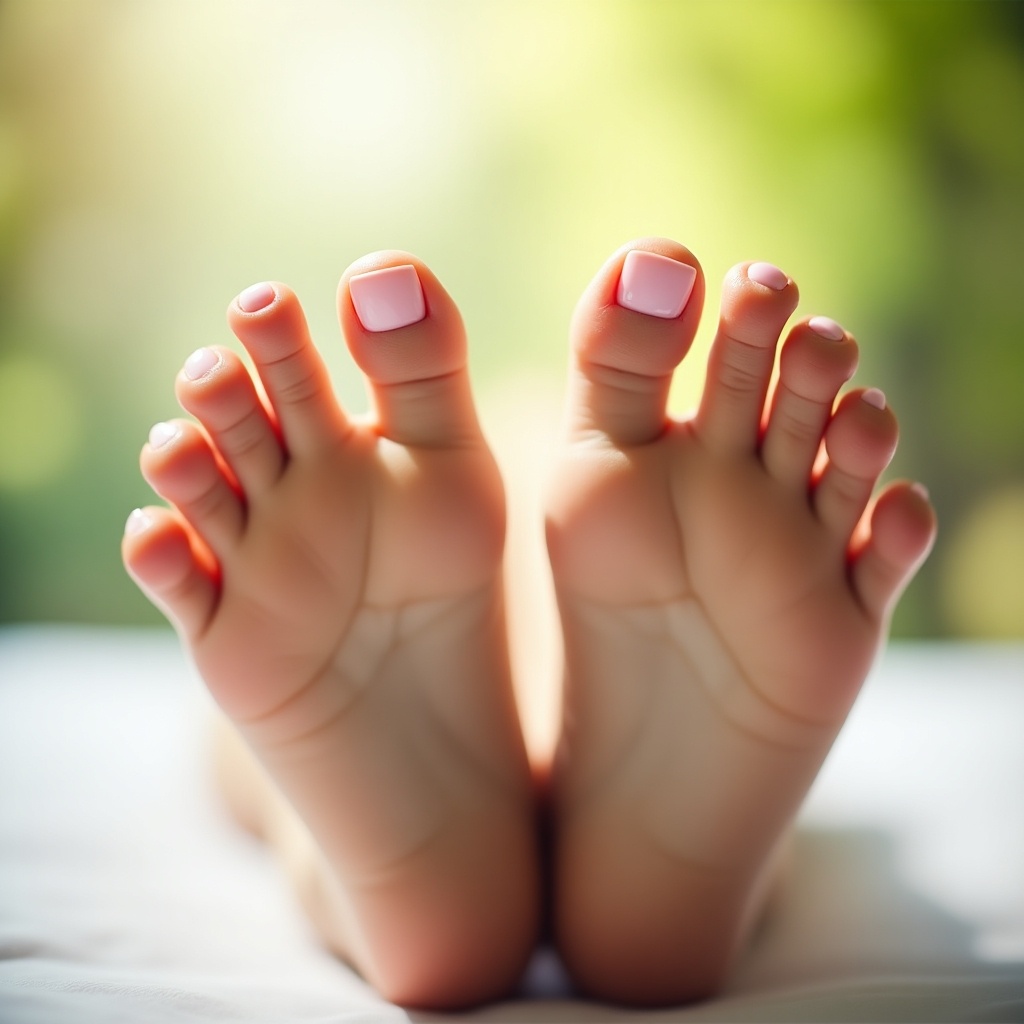 The image displays close-up view of well-manicured feet with white nail polish. Soft light highlights smooth skin. Background is blurred to focus on the feet. Evokes feelings of beauty and self-care.