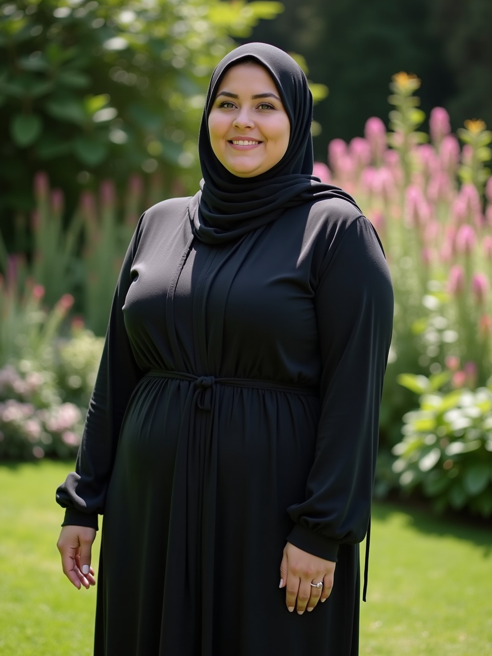 A woman wearing a black hijab and dress smiling in a garden with pink flowers in the background, natural daylight, eye-level perspective.