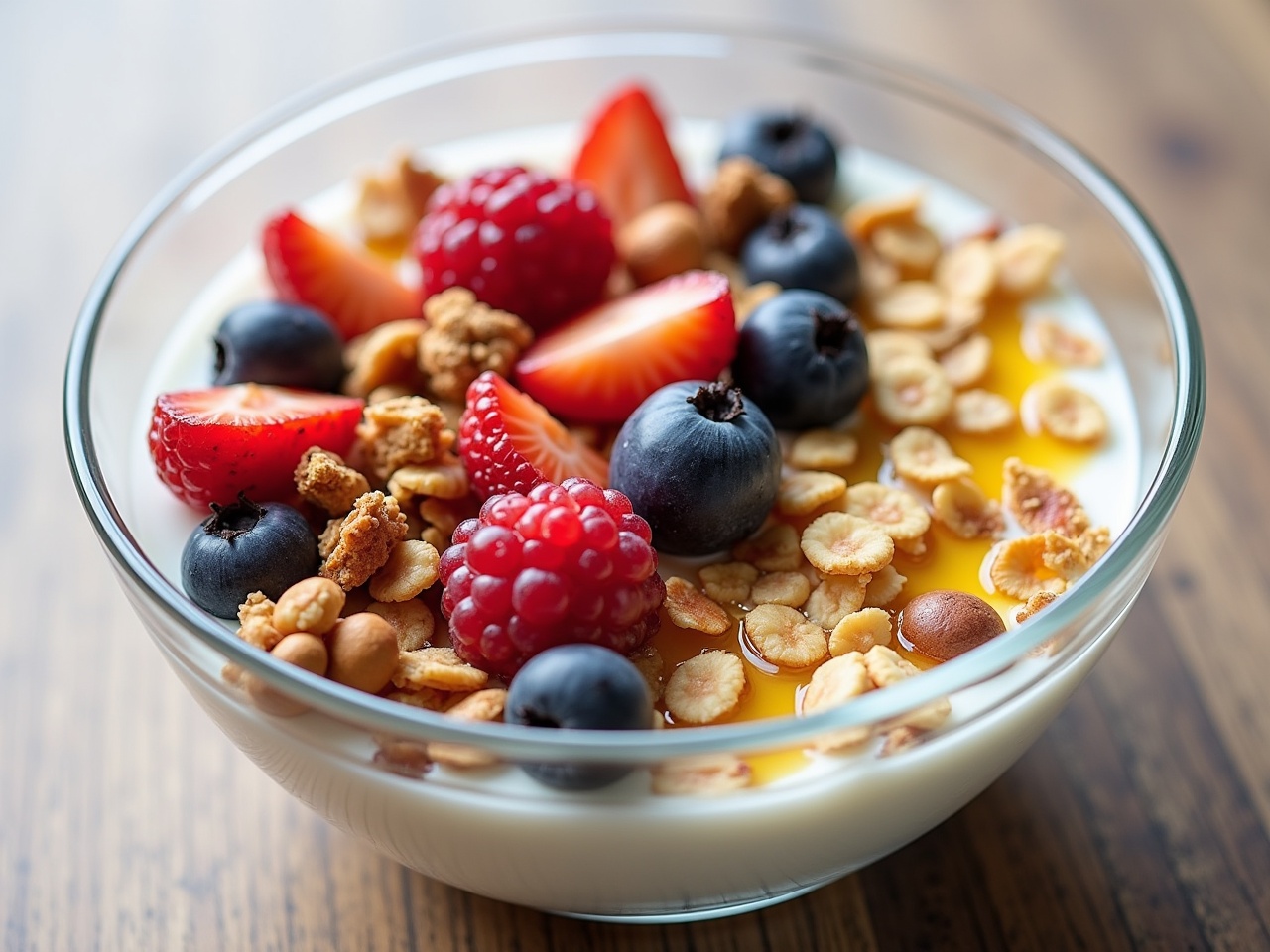 This image showcases a delicious bowl of granola and yogurt topped with an assortment of berries including strawberries, blueberries, and raspberries. Drizzled with honey, this breakfast option looks incredibly inviting. The bowl is transparent, providing a clear view of the colorful ingredients. Crisp coconut flakes and hazelnuts add texture and flavor. The wooden table surface enhances the natural aesthetic of the scene.