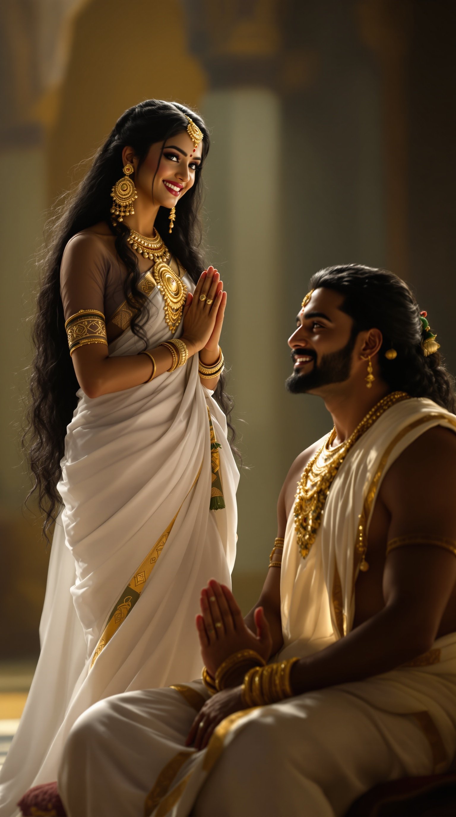 Urvashi stands before Arjuna. Long black hair cascades over shoulders. Large eyes filled with love. Captivating smile. Dressed in a white saree adorned with golden jewelry. Arjuna sits calmly, folding hands respectfully. Face reflects light smile and restraint.