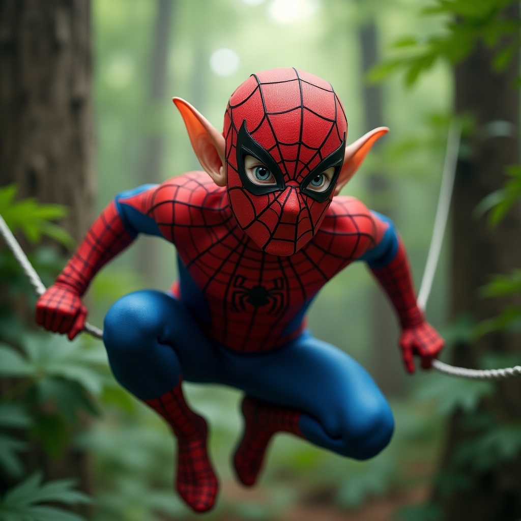 Elf character dressed as Spiderman poses in a forest setting. Emphasis on vibrant colors and action stance.