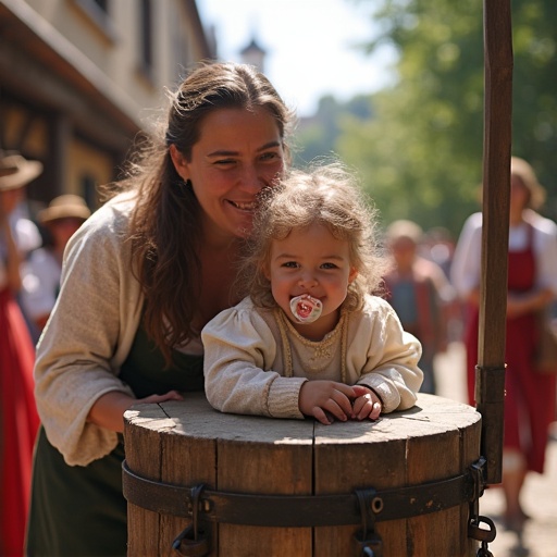 Mother playfully locks daughter in the medieval pillory. Daughter wears oversized pacifier. Scene set in historical festival with bright atmosphere. Many people in costumes are in the background. Wooden stocks hold child's head and hands.