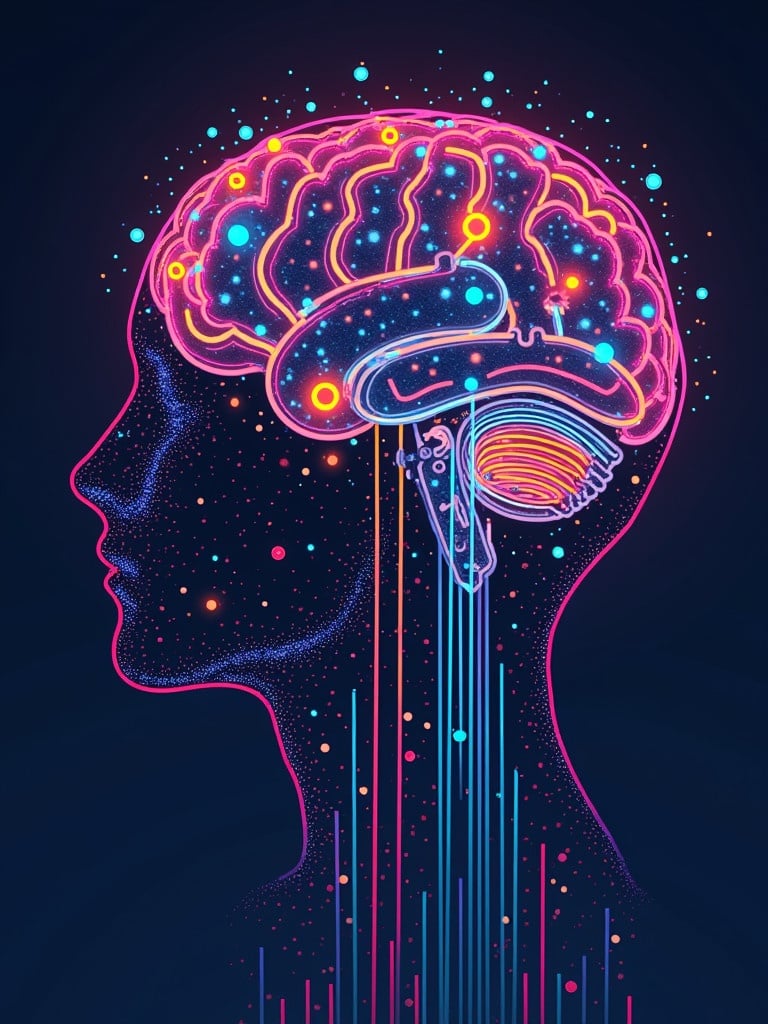 Colorful graphical illustration representing artificial intelligence. Features a human head profile with a neon-bright brain. Vibrant colors illuminate against a dark background. Decorative elements suggest data flow and technological motifs.