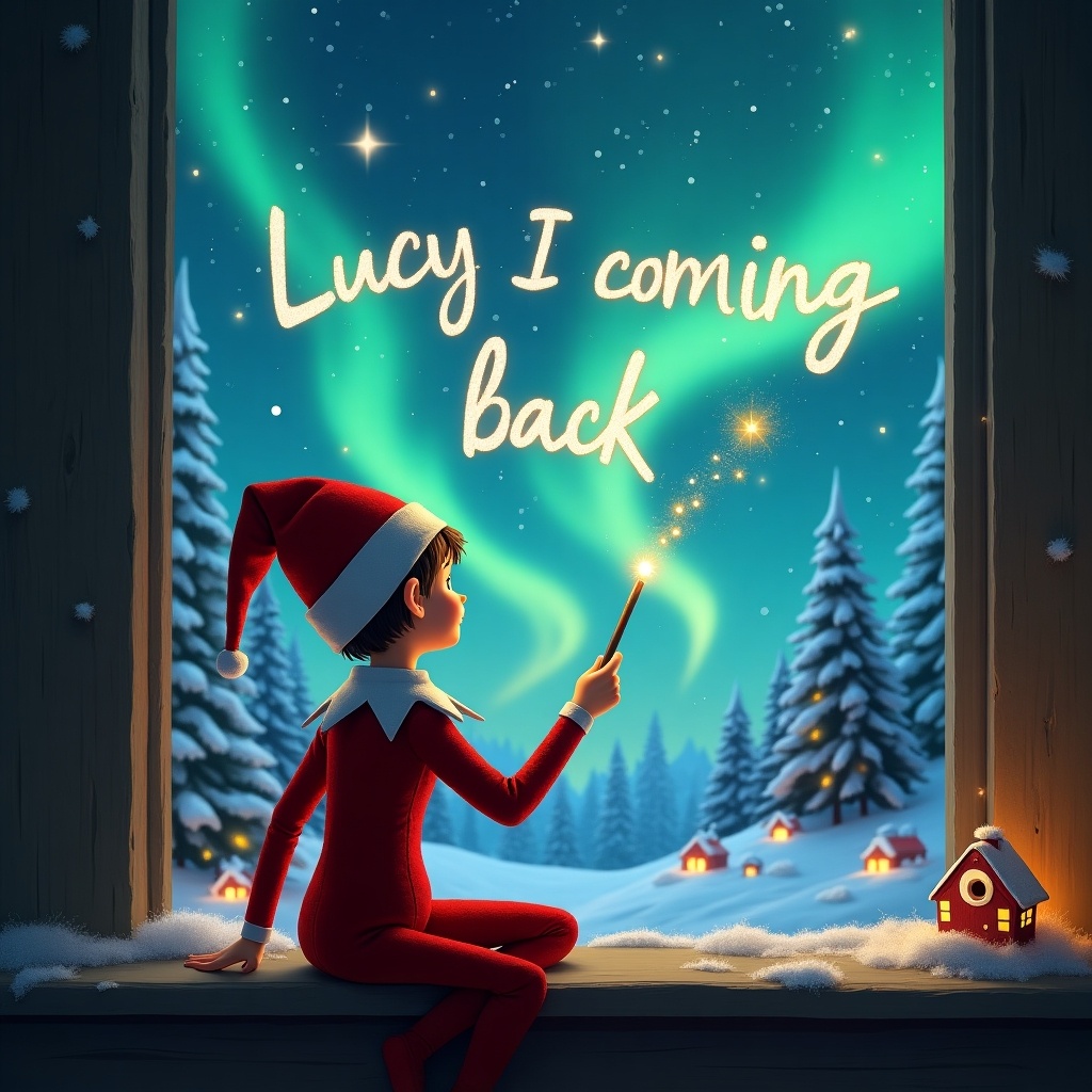 An elf on the shelf sits on a window sill, facing the magnificent northern lights outside. With a wand in hand, he writes 'Lucy I’m coming back' in the sky. The scene is enchanting, with snow-covered trees and twinkling lights in the distance. The warmth from the elf's pose adds to the magical atmosphere. This illustration embodies the spirit of Christmas and the joy of children's imagination.