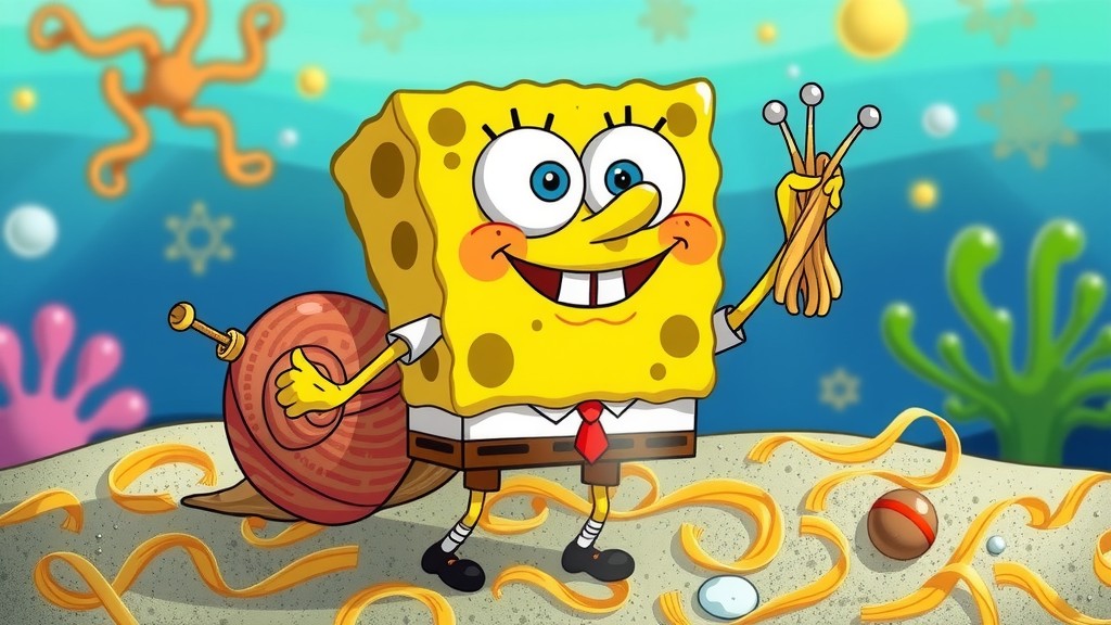 A cheerful animated character holding knitting needles underwater with a snail companion.