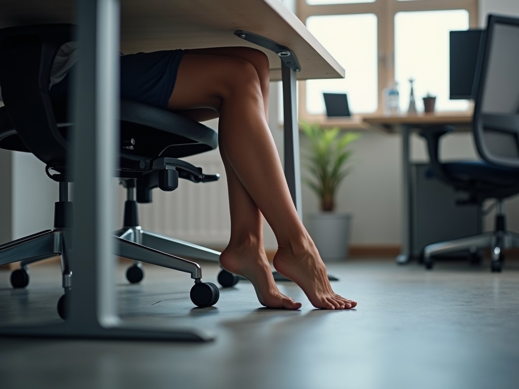 A serene office setting is captured, focusing on a pair of barefoot legs under a desk, suggesting relaxation amidst work. The space is modern and minimalistic, with ergonomic chairs and a window letting in natural light. A plant adds a touch of greenery to the otherwise sleek and structured environment.