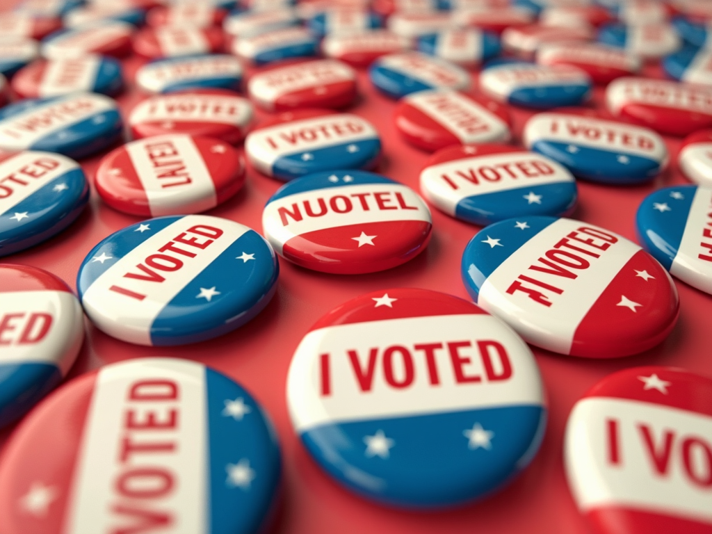 A collection of patriotic 'I Voted' buttons in red, white, and blue on a red surface.