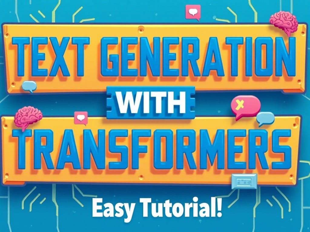 Create a vibrant thumbnail for a YouTube video titled 'Text Generation with Transformers'. The design features a bold title in large, eye-catching font, prominently displaying 'Text Generation with Transformers'. Include visual elements like icons representing AI and text generation, such as a brain and computer. The color scheme should be bright and contrasting, using colors like blue and orange. The background can have a subtle tech-themed pattern or gradient. At the bottom, there's smaller text stating 'Easy Tutorial!' to enhance accessibility. The overall look should be clean and modern, appealing to a tech-savvy audience.