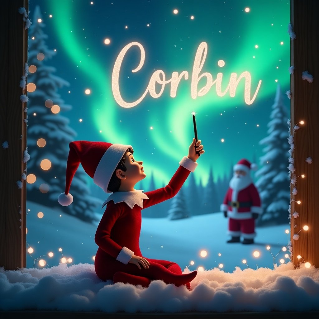 Enchanting Christmas scene with an elf. Elf sits with back to us. Gazes upwards. Uses a wand to write the name 'Corbin' in the night sky. Background features stunning northern lights. Distant image of Santa Claus. Snow blankets the ground. Captures holiday joy and wonder.