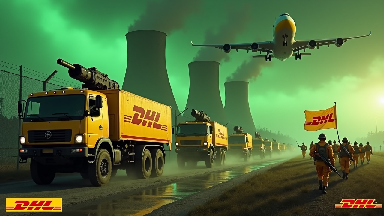 In a dramatic scene, several large yellow armored trucks with roof-mounted cannons drive beside a fence. The trucks prominently display the DHL logo. Nearby, soldiers in yellow uniforms march together, some holding rifles. One soldier waves a large DHL flag in unison with the others. In the background, there are prominent smokestacks from a nuclear power plant glowing green. The sky is filled with an eerie green hue, as a large yellow DHL cargo plane flies overhead. The entire composition is intense and striking, emphasizing the logistics theme.