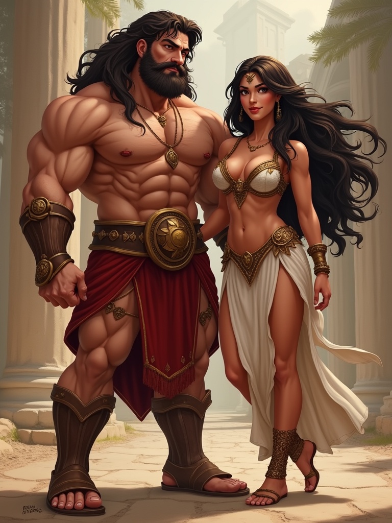 Full body illustration of Hercules and Megara. Show strong muscular features of Hercules and elegant beauty of Megara. They are standing together in a setting with ancient Greek architecture. Both characters are wearing costume outfits that represent their mythological identities.