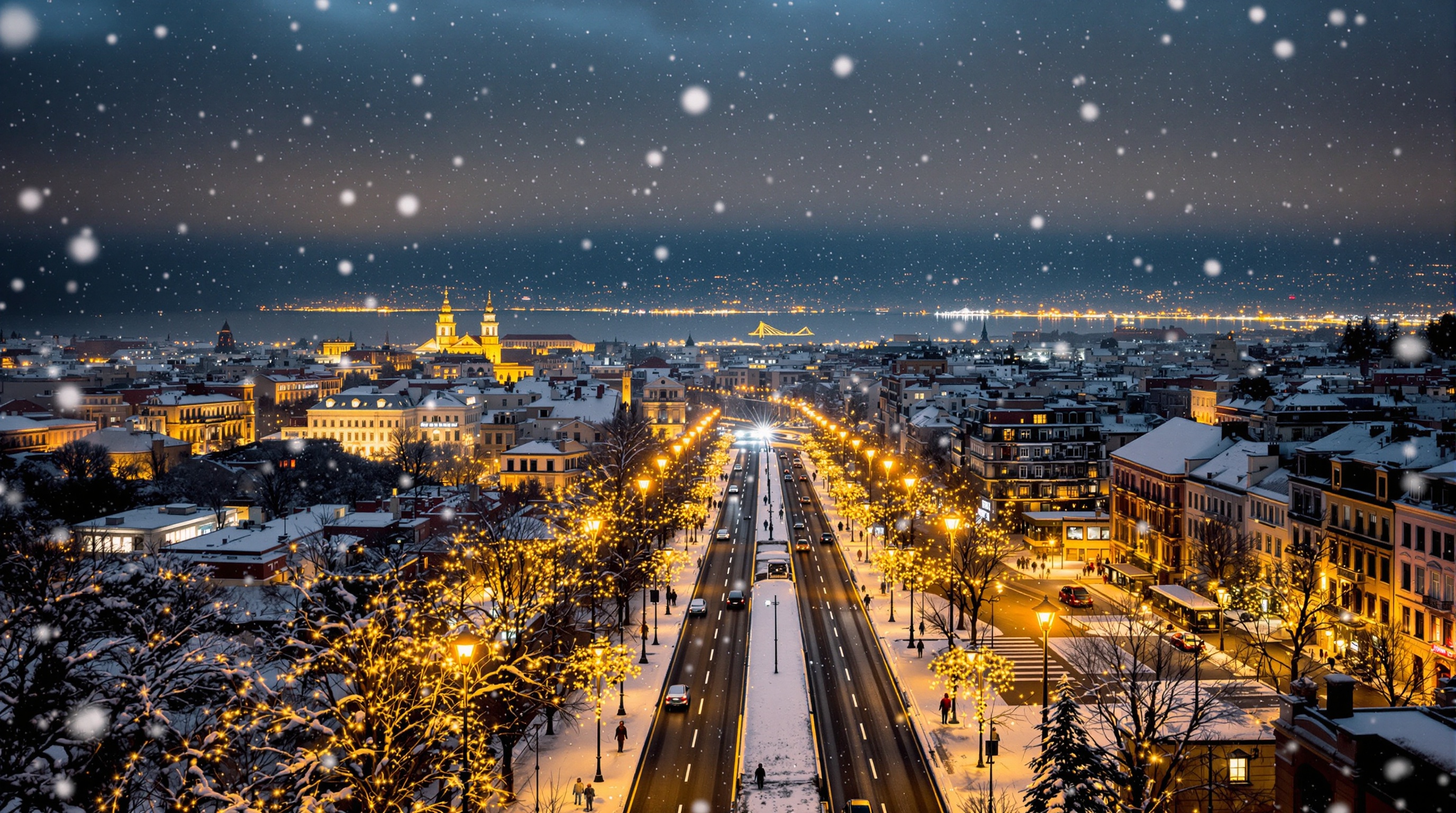 Cinematic aerial view of a snowy cityscape at night. Lisbon in the background with vibrant twinkling lights. Gentle snowfall creates a magical atmosphere. Captured using Arriflex Alexa.