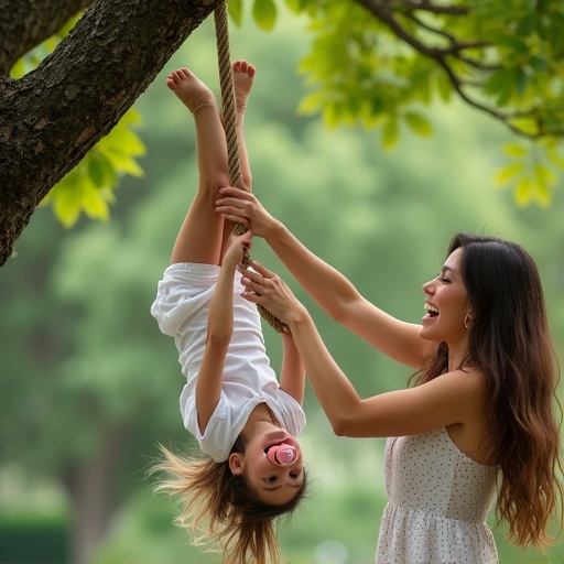 Mother and daughter enjoy playtime in the park. Daughter hangs upside down from a tree branch. Rope tied to her legs for safety. Daughter smiles widely with an oversized pacifier. Lush green surroundings create a bright atmosphere.