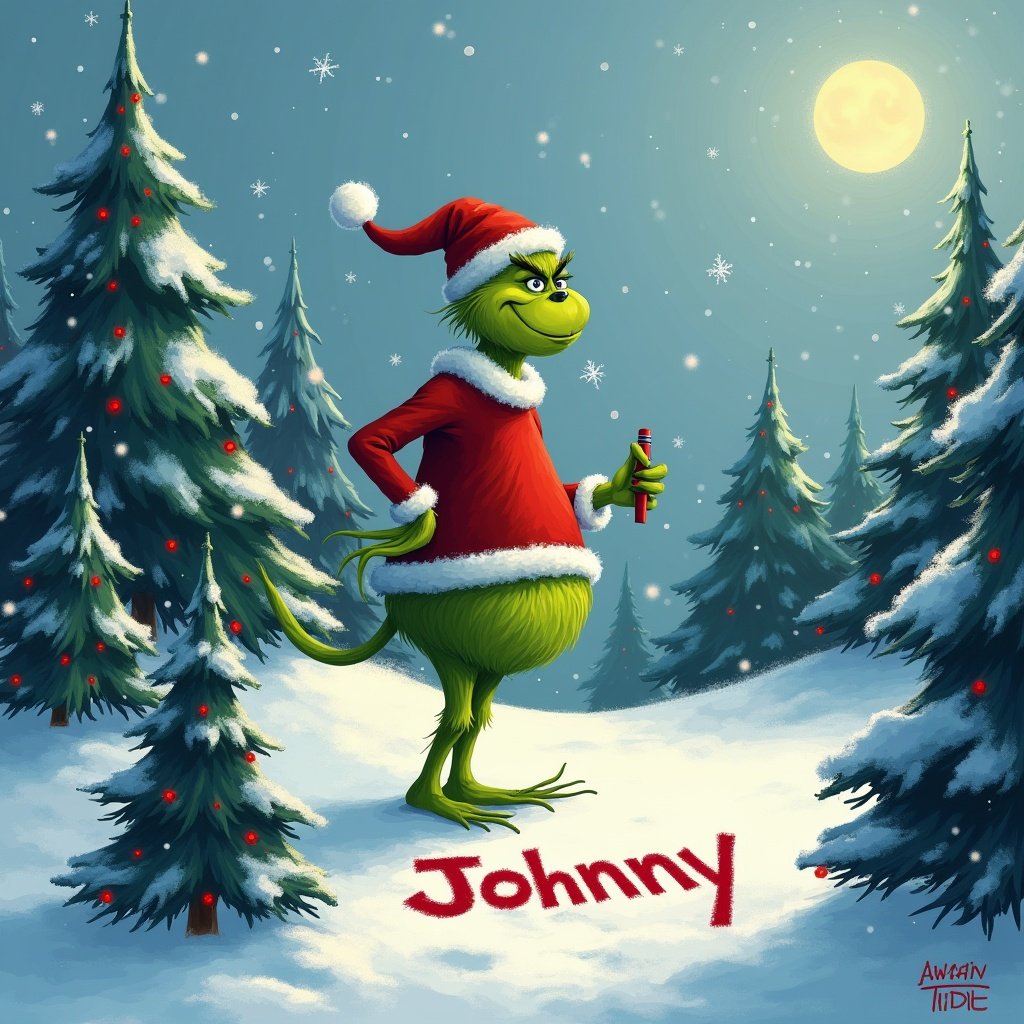 The Grinch stands outside in a snowy landscape. He wears a Santa outfit. Christmas trees are around. The Grinch is writing 'Johnny' in the snow.