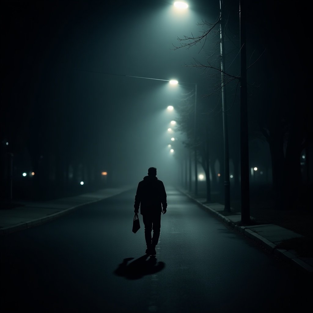 Outline of a man walking at night on a silent street. Soft lighting from streetlamps creates a mysterious ambiance. The scene appears clear with fog.