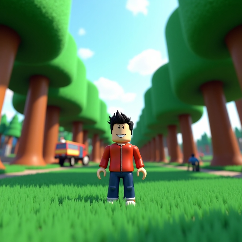 This image features a Roblox character standing confidently in a vibrant, cartoonish landscape. The character wears a red jacket and smiles, representing a friendly avatar. Surrounding the character is a lush expanse of green grass, dotted with several stylized trees that tower in the background. The trees are a rich green, lending a joyful feel to the overall scene. The sun shines brightly, enhancing the appeal of this virtual world, making it a perfect map for children and gamers alike. The absence of cars keeps the focus on nature and playfulness, inviting engagement and imagination.