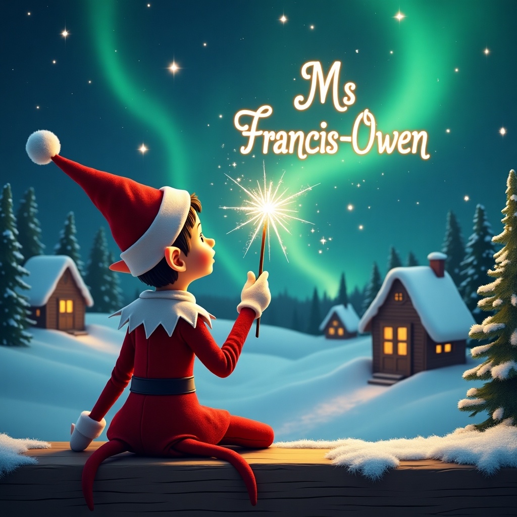 An elf sits on a wooden ledge gazing at a magical sky. Dressed in a red outfit with a pointed hat, it holds a sparkling wand. The elf writes 'Ms Francis-Owen' in the stars. The background features a snowy landscape with charming houses and evergreen trees under shimmering Northern Lights.