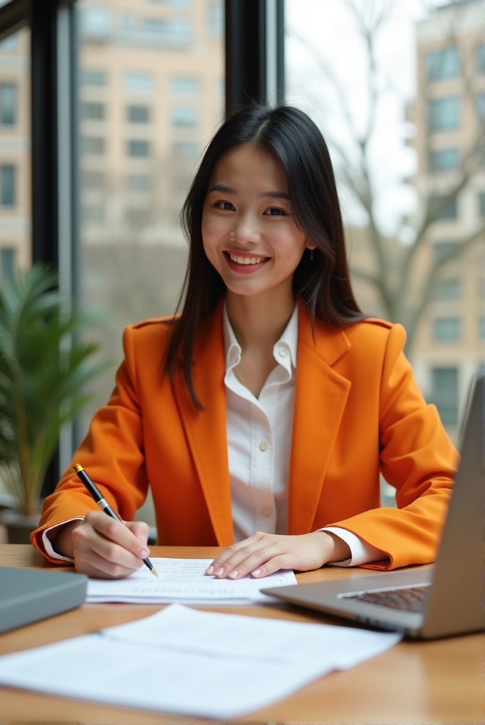 A smiling woman in an orange blazer works at a desk with papers and a laptop.