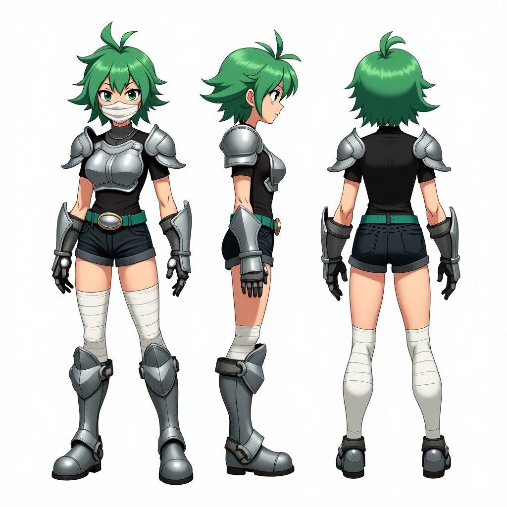 Anime mercenary tomboy with green hair presented in three views. Green hair with curtain bangs. Wearing a metal silver shoulder pads and chestplate over a black shirt. Black short jeans with a green belt and large silver buckle. Metal gauntlets, shin pads, and white tights.