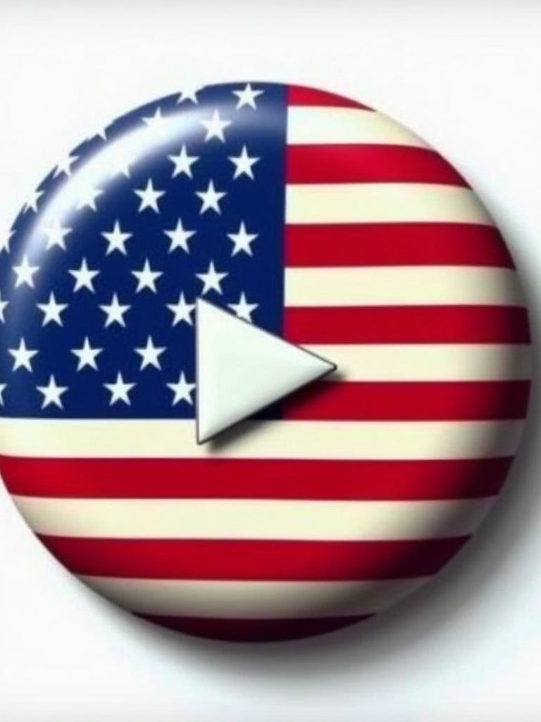 A circular button designed to resemble the American flag features a play symbol in the center. The play symbol is white set against the flag's red and blue colors. The button is vibrant and visually appealing. The design aims to promote video content related to American culture.