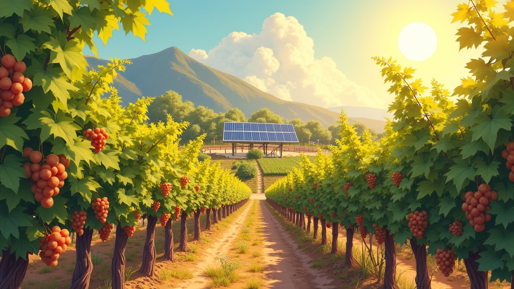 A comic-style illustration inspired by solarpunk aesthetics. Lush vineyard with vibrant grapevines full of ripe grapes in the foreground. Solar panels are integrated into the environment above the vineyard. The background shows a blurred landscape with gently shimmering solar panels. The atmosphere is warm, with golden light creating a dreamy effect. Features painterly textures and rich earthy tones, emphasizing sustainability.