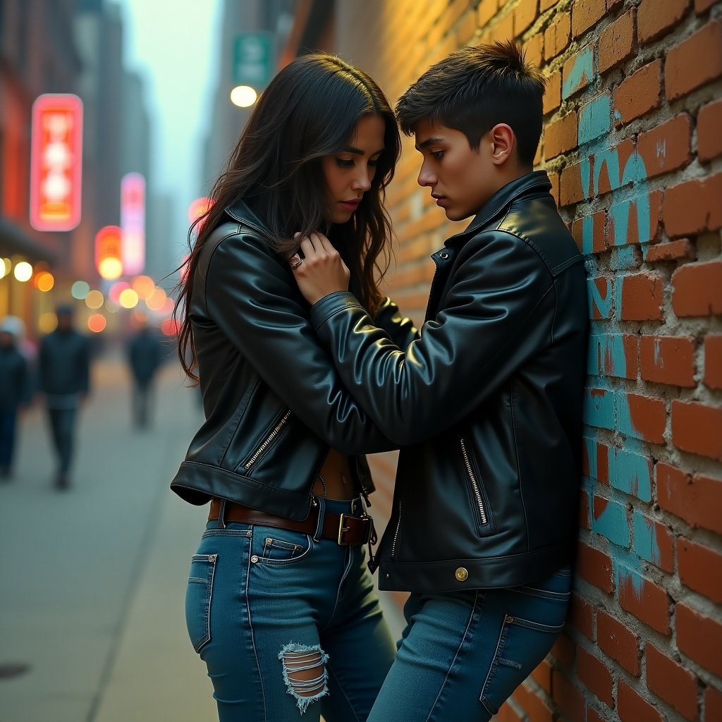 Tall young woman dressed in a dark leather jacket and distressed denim jeans holds the shoulder of a young man. He appears fearful and in pain against a graffiti-covered wall. Background shows a blurred cityscape with neon lights. Style resembles dramatic cinematic moments by renowned artists.