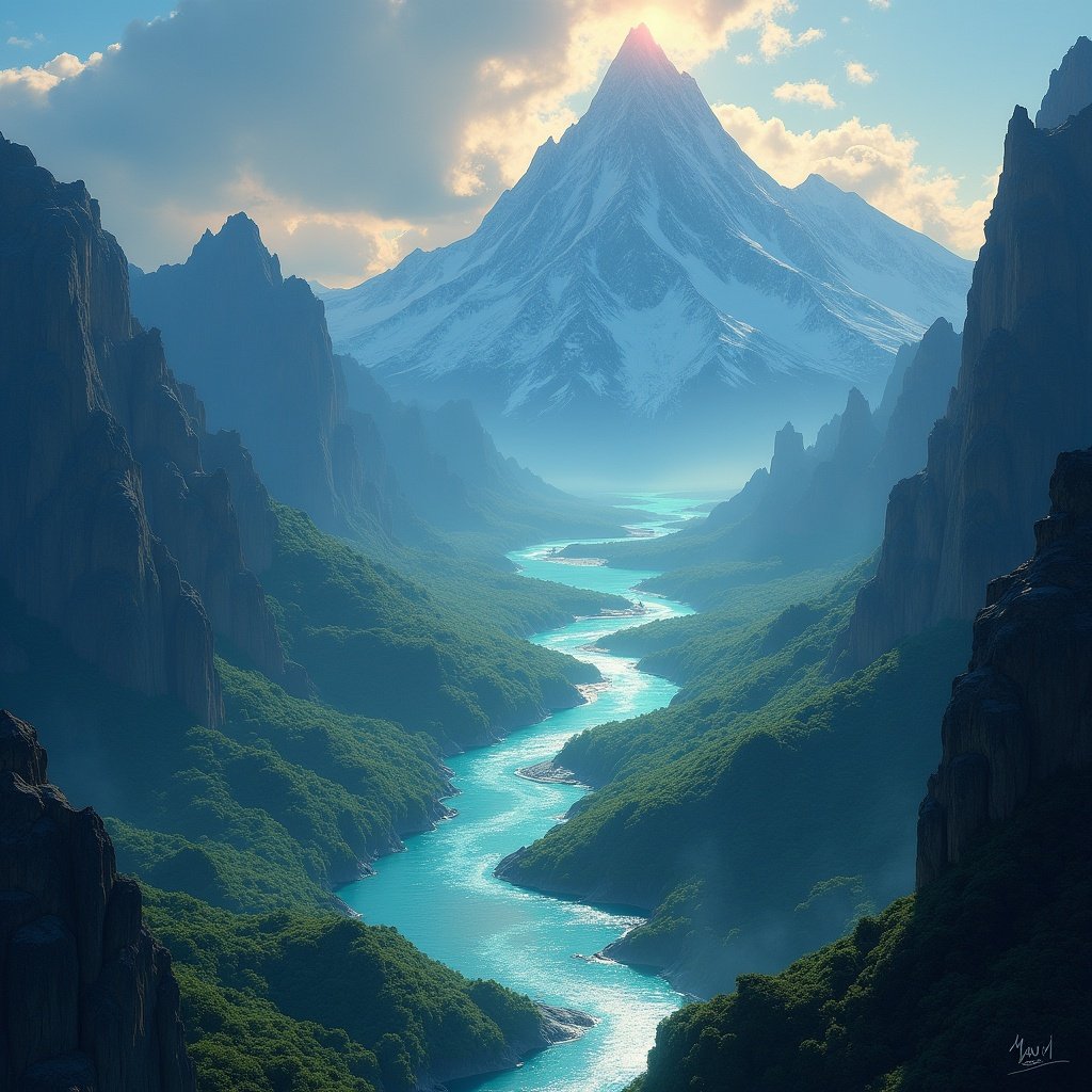 Tall mountains dominate the landscape Fertile river valleys run through the land A glowing crystal forest enhances the beauty The Luminal River nourishes the crops Mount Solari is a revered site