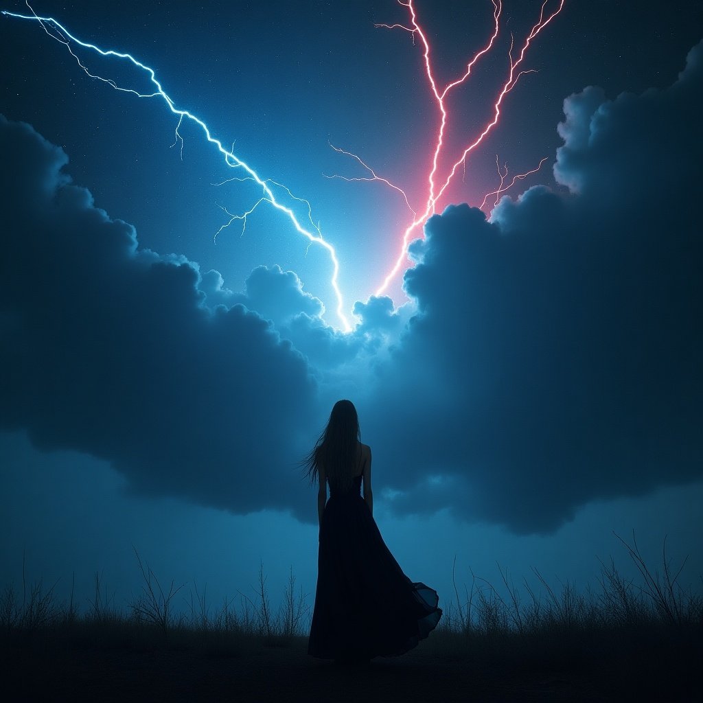 Solitary figure in a black dress standing against a starry sky with blue and red lightning. Dark, moody clouds surround the figure. Evokes wonder and introspection.