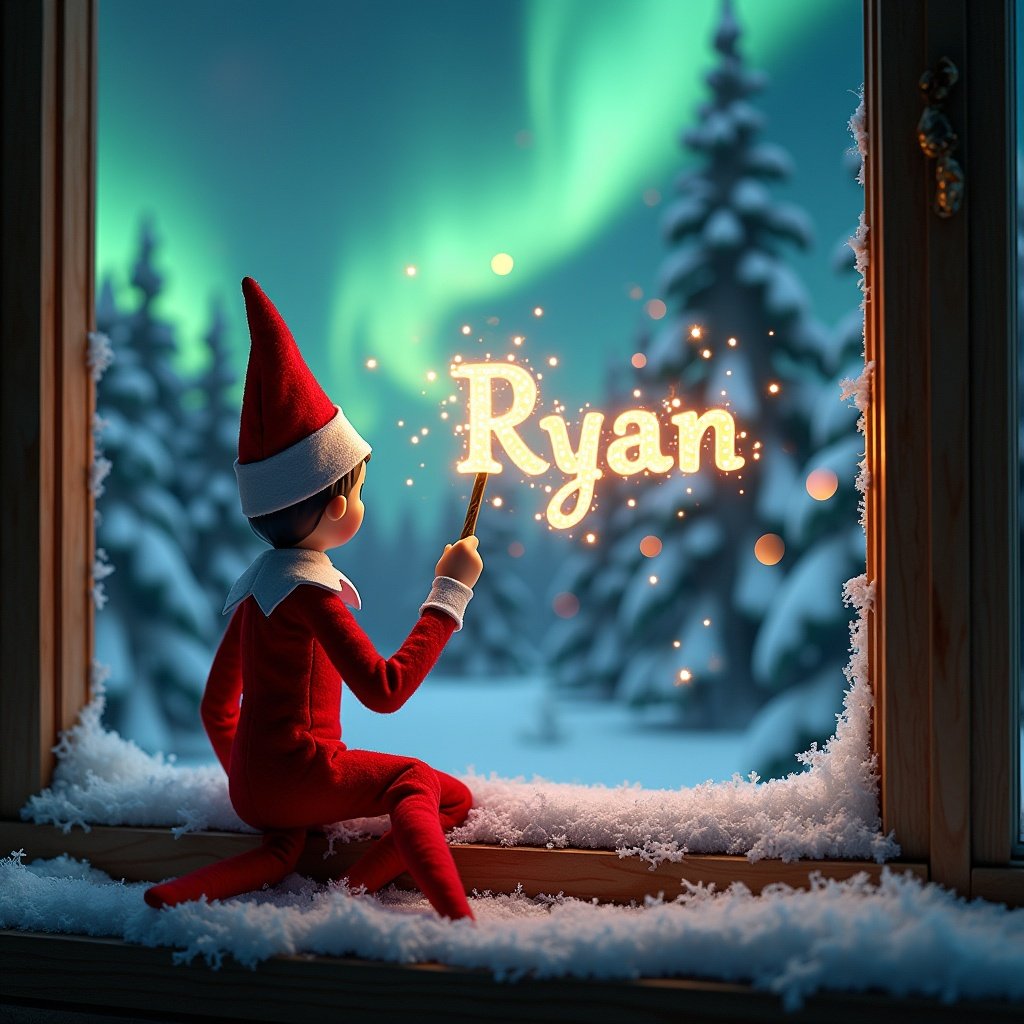 Adorable elf on the shelf sits on a window ledge. Back turned to the viewer. Elf uses a magical wand to create twinkling sparks of the name Ryan. Window shows a beautiful northern lights display. Background has snow-covered pine trees. Elf dressed in a vibrant red outfit. Scene has a festive holiday feel with magical ambiance.