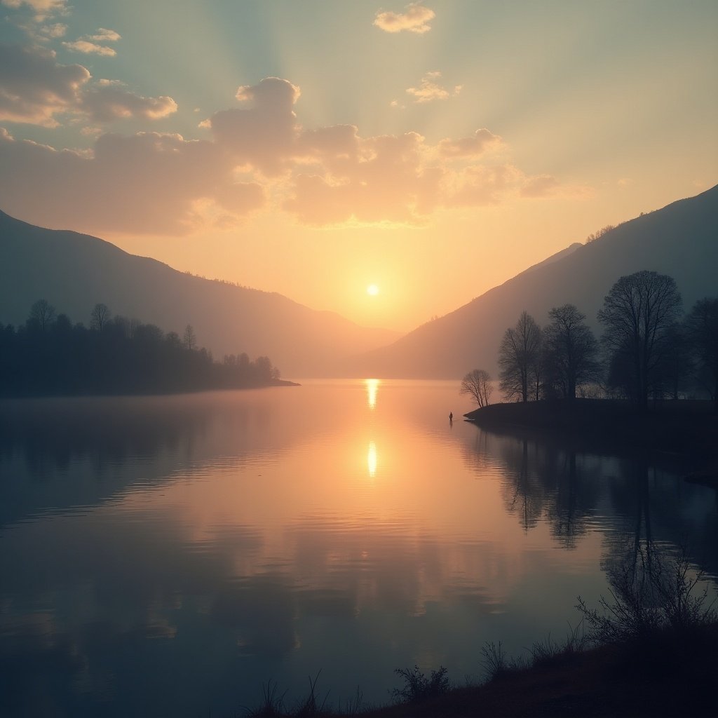 Beautiful sunrise over a calm lake surrounded by hills. Soft light reflecting on the water. Trees line the shore. A figure is in the distance.