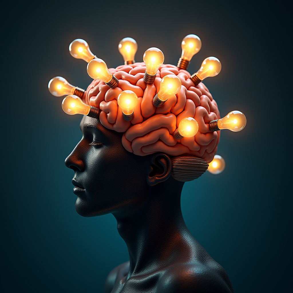 A surreal image of a human head with light bulbs integrated into a brain structure, glowing brightly.