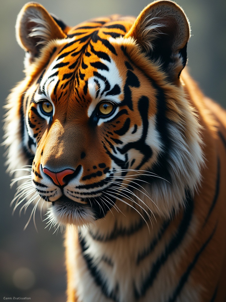 Close-up portrait of a majestic tiger. The tiger has vibrant orange fur with black stripes. Bright yellow eyes are striking. The background is softly blurred, emphasizing the tiger's features. The light is natural and soft, highlighting its facial details.