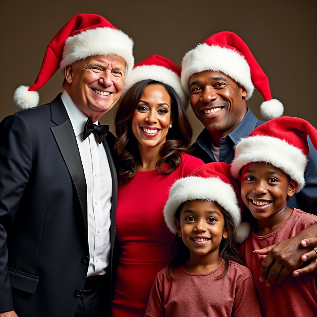 This image depicts a joyful family photo taken during the holiday season. Five individuals are smiling widely, exuding happiness and warmth. They are all wearing Santa Claus hats, adding to the festive spirit. The setting features soft, warm lighting, making the scene feel inviting and cheerful. The background is neutral, ensuring the focus remains on the group and their delightful expressions.