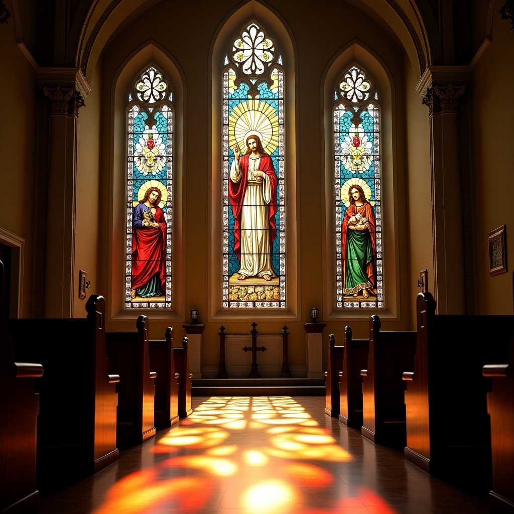 Colored glass windows in a church featuring Jesus with two figures in stained glass. Natural light casts colorful patterns on the floor. Interior view from the pews.