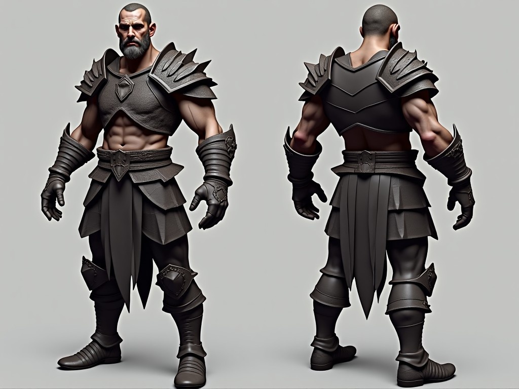 This image showcases a low-poly 3D character design of a medieval warrior. The warrior is depicted with dark, dragon-scale armor, featuring rugged surfaces and slightly damaged edges, perfect for a fantasy game. He strikes a battle-ready pose, ideal for combat scenarios. The character's strong physique is accentuated with armor covering the chest, shoulders, and legs. The scene evokes a roguelike atmosphere, set in a world of floating islands where the character fights against various enemies with slashing moves.