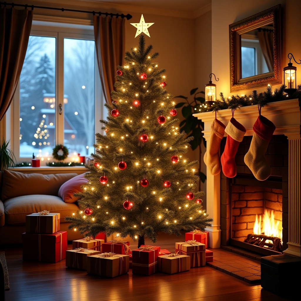 The image showcases a beautifully decorated Christmas tree, adorned with red ornaments and twinkling lights, topped with a star. A cozy living room scene features a warm fireplace with decorative stockings hanging. Below the tree, a selection of colorful presents is neatly arranged. The atmosphere is inviting and festive, perfect for the holiday season. Soft lighting enhances the warmth and charm of the room, creating a feeling of comfort and joy.