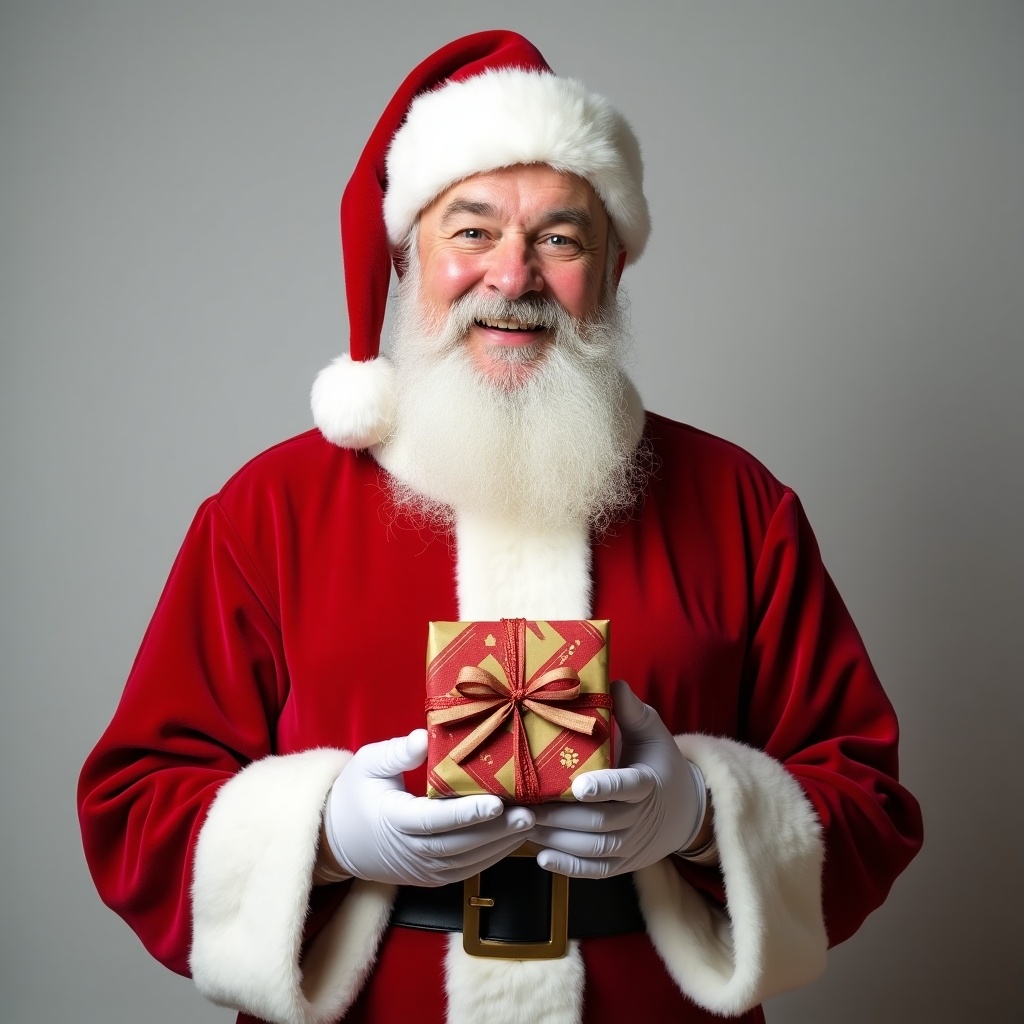 A man dressed in traditional Santa Claus attire with a bushy white beard. He holds a decorated gift in his hands. His outfit is bright red and white. The background is neutral to focus on him.