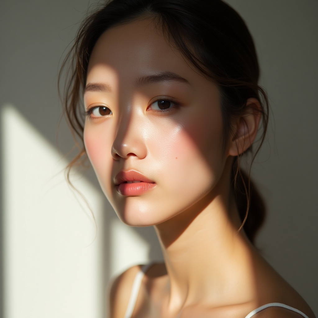 Image shows a young woman with delicate expression lit by soft natural sunlight. Her complexion appears smooth and enhanced by a gentle blush. Hair is subtly styled. Light and shadow create depth in a minimalist setting.