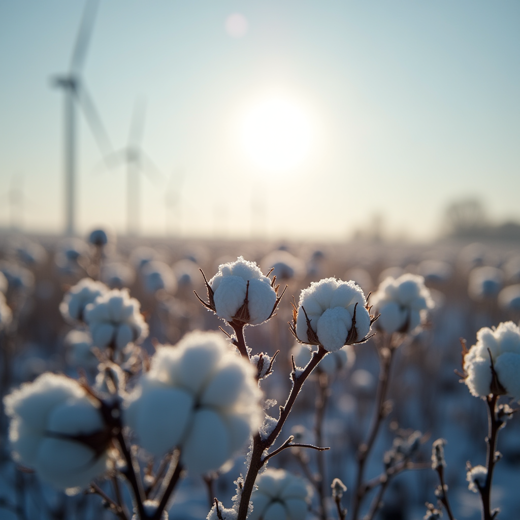 Cotton plants dusted with frost stand in a field with wind turbines under a bright sun.