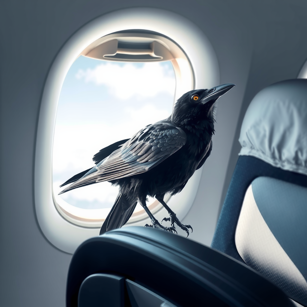 A crow is sitting on an airplane seat next to a window showing a sky view.